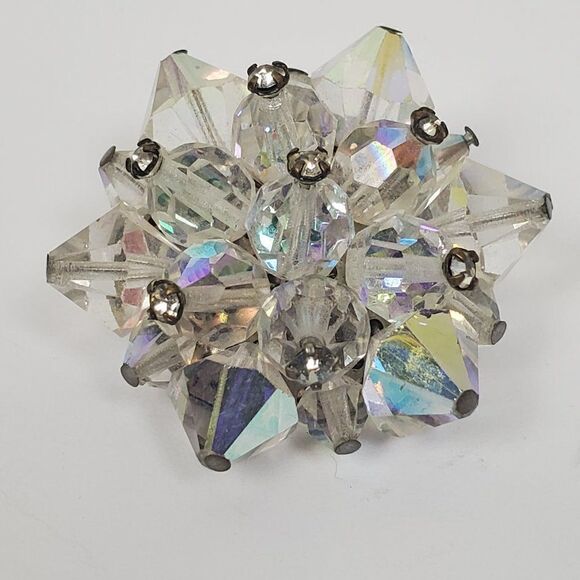 Vintage Aurora Borealis Clear AB Glass Beaded Cluster Silver Tone Brooch Pin‎ - Picture 3 of 9